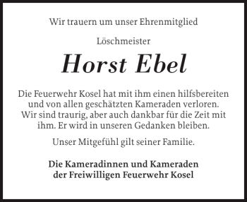 Traueranzeige von Horst Ebel von Eckernförder Zeitung