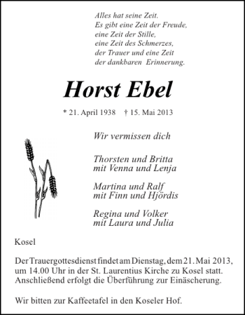 Traueranzeige von Horst Ebel von Eckernförder Zeitung
