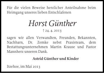 Traueranzeige von Horst Günther von Norddeutsche Rundschau