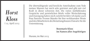 Traueranzeige von Horst Kloss von Husumer Nachrichten