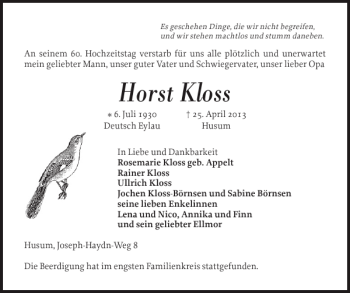 Traueranzeige von Horst Kloss von Husumer Nachrichten
