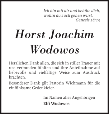 Traueranzeige von Horst Joachim Wodowos von Der Insel-Bote