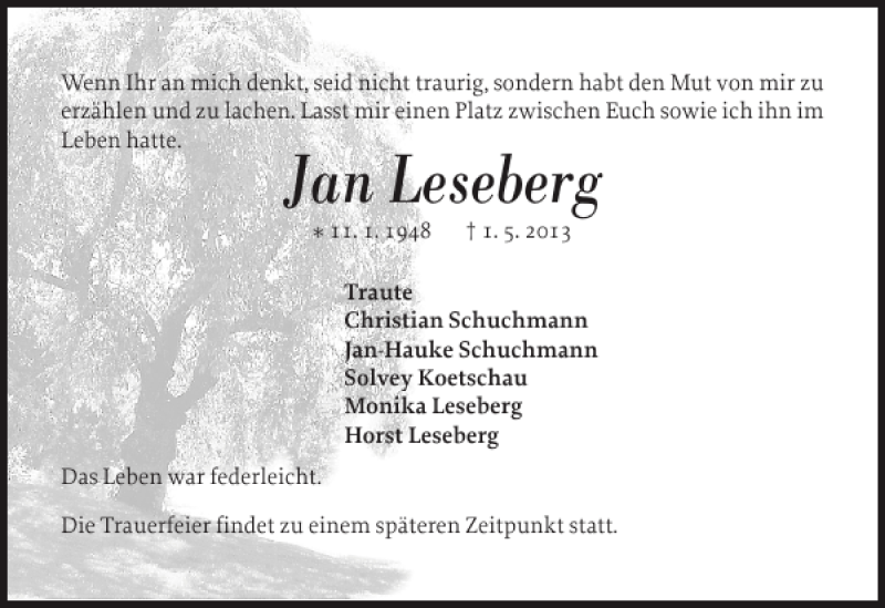  Traueranzeige für Jan Leseberg vom 08.05.2013 aus Husumer Nachrichten