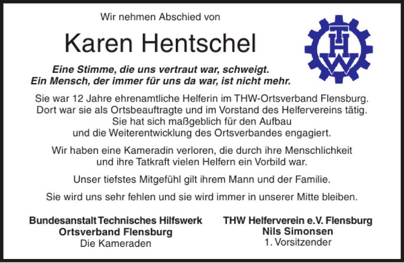  Traueranzeige für Karen Hentschel vom 06.05.2013 aus Flensburger Tageblatt