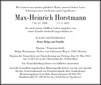 Traueranzeige von Max-Heinrich Horstmann von Husumer Nachrichten