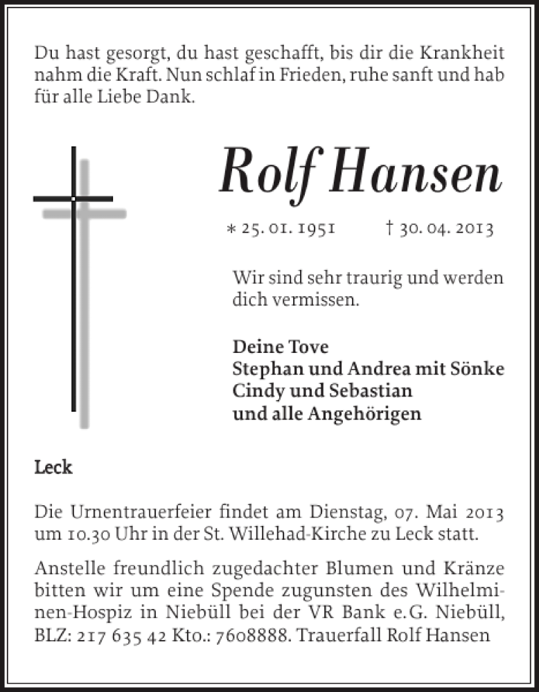  Traueranzeige für Rolf Hansen vom 04.05.2013 aus Schleswiger Nachrichten