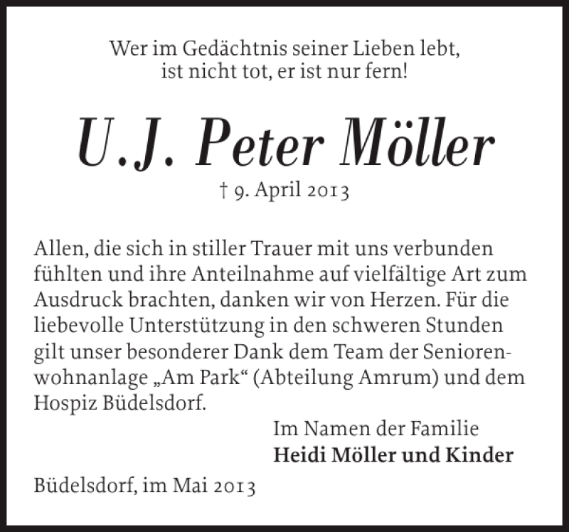  Traueranzeige für U.J. Peter Möller vom 10.05.2013 aus Landeszeitung