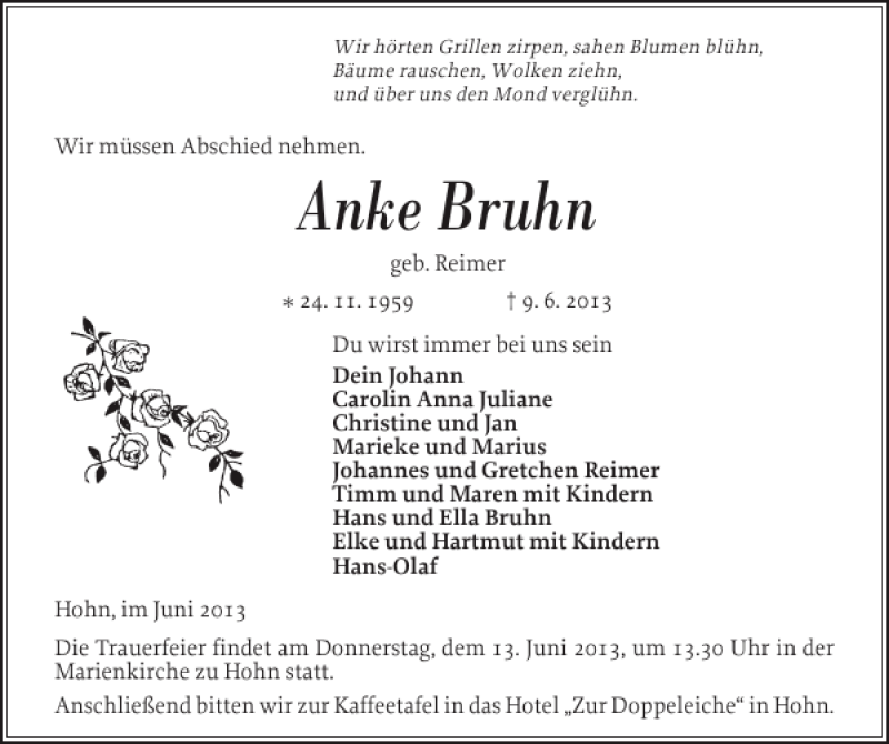  Traueranzeige für Anke Bruhn vom 12.06.2013 aus Landeszeitung