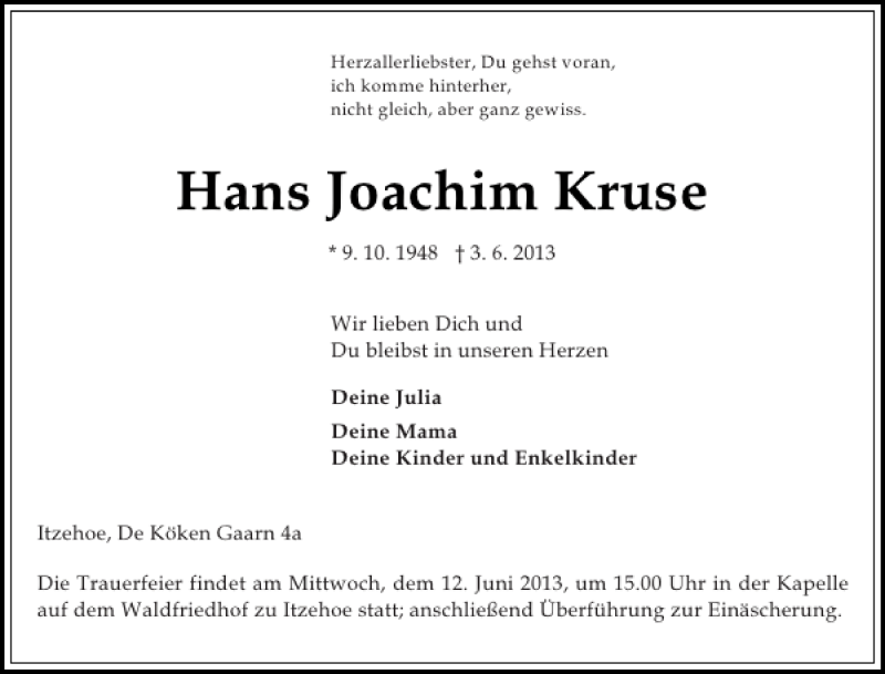  Traueranzeige für Hans Joachim Kruse vom 07.06.2013 aus Norddeutsche Rundschau