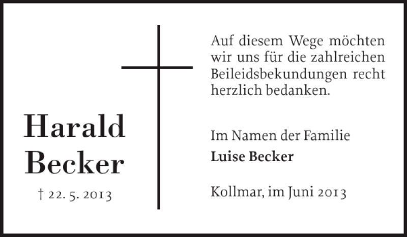  Traueranzeige für Harald Becker vom 22.06.2013 aus Norddeutsche Rundschau