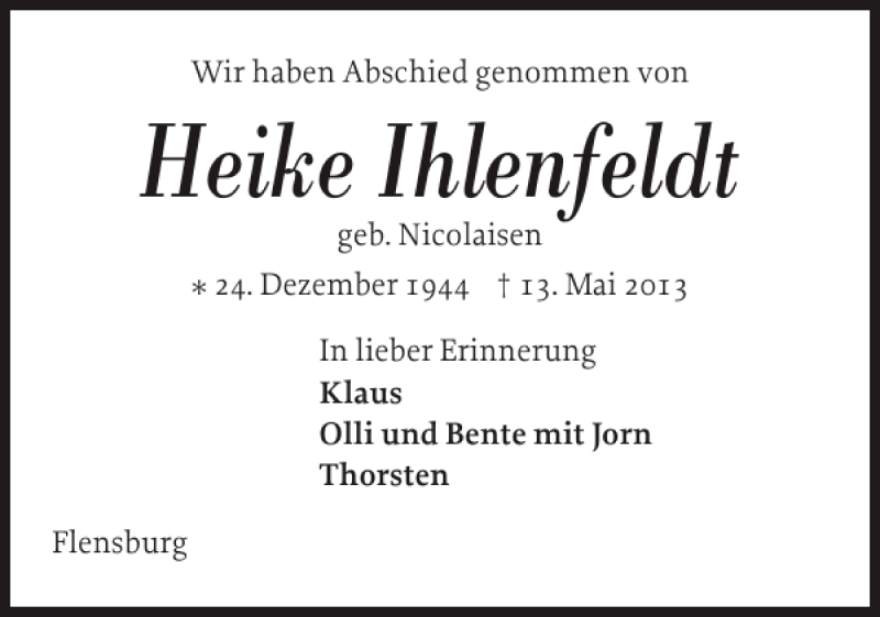  Traueranzeige für Heike Ihlenfeldt vom 10.06.2013 aus Flensburger Tageblatt