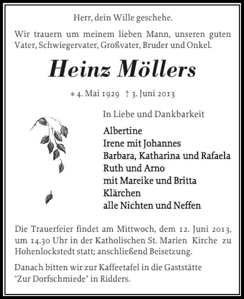  Traueranzeige für Heinz Möllers vom 08.06.2013 aus Norddeutsche Rundschau