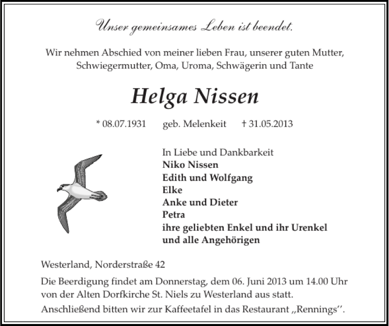  Traueranzeige für Helga Nissen vom 04.06.2013 aus Sylter Rundschau