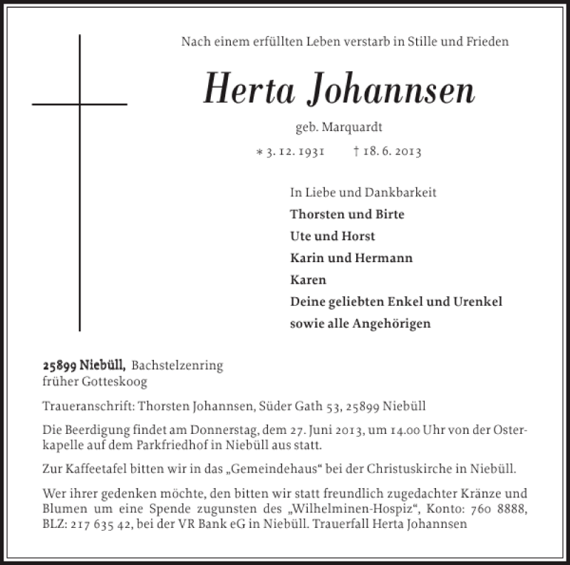  Traueranzeige für Herta Johannsen vom 21.06.2013 aus Nordfriesland Tageblatt