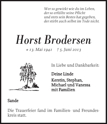 Traueranzeige von Horst Brodersen von Nordfriesland Tageblatt