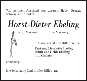 Traueranzeige von Horst-Dieter Ebeling von Flensburger Tageblatt