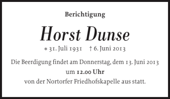 Traueranzeige von Horst Dunse von Landeszeitung