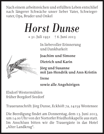 Traueranzeige von Horst Dunse von Landeszeitung
