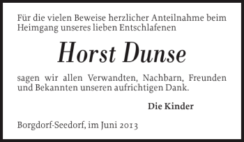 Traueranzeige von Horst Dunse von Landeszeitung