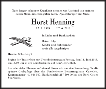 Traueranzeige von Horst Henning von Husumer Nachrichten