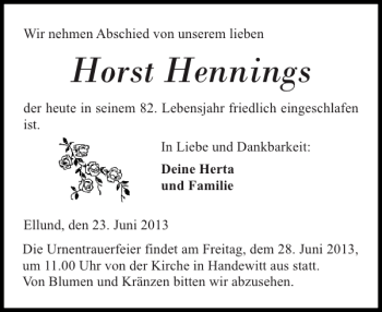 Traueranzeige von Horst Hennings von Flensburger Tageblatt