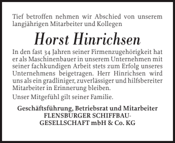 Traueranzeige von Horst Hinrichsen von Flensburger Tageblatt