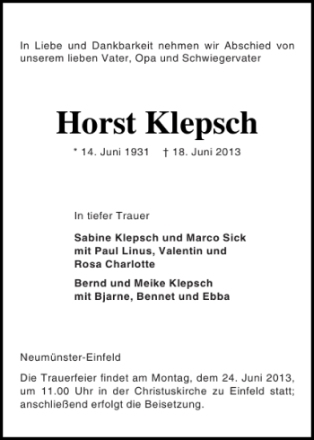 Traueranzeige von Horst Klepsch von Holsteinischer Courier