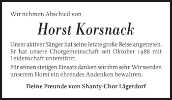 Traueranzeige von Horst Korsnack von Norddeutsche Rundschau