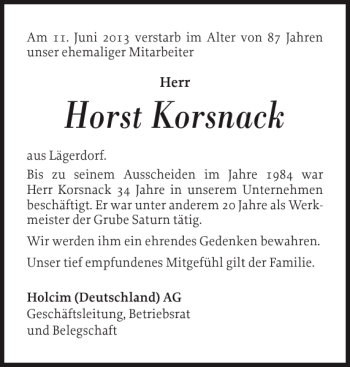 Traueranzeige von Horst Korsnack von Norddeutsche Rundschau