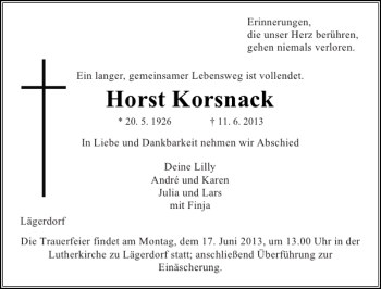 Traueranzeige von Horst Korsnack von Norddeutsche Rundschau