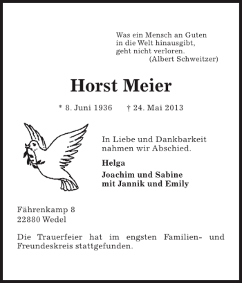 Traueranzeige von Horst Meier von Pinneberger Tageblatt