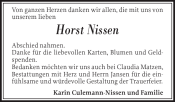 Traueranzeige von Horst Nissen von Flensburger Tageblatt