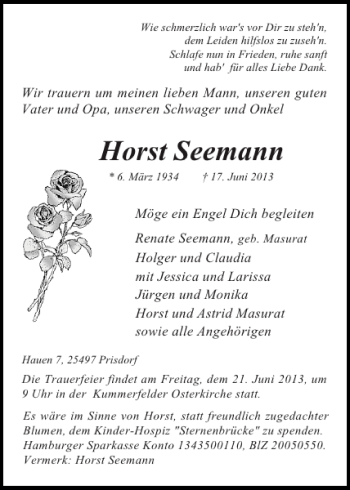 Traueranzeige von Horst Seemann von Pinneberger Tageblatt