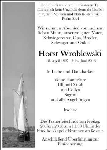 Traueranzeige von Horst Wroblewski von Norddeutsche Rundschau