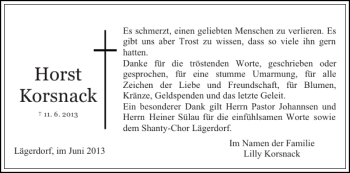 Traueranzeige von Horst Korsnack k von Norddeutsche Rundschau