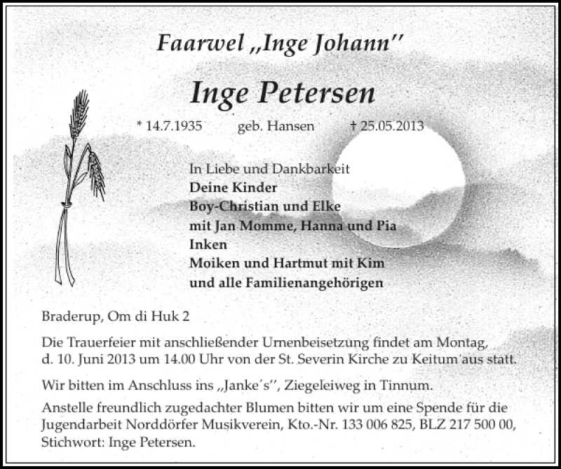  Traueranzeige für Inge Petersen vom 03.06.2013 aus Sylter Rundschau