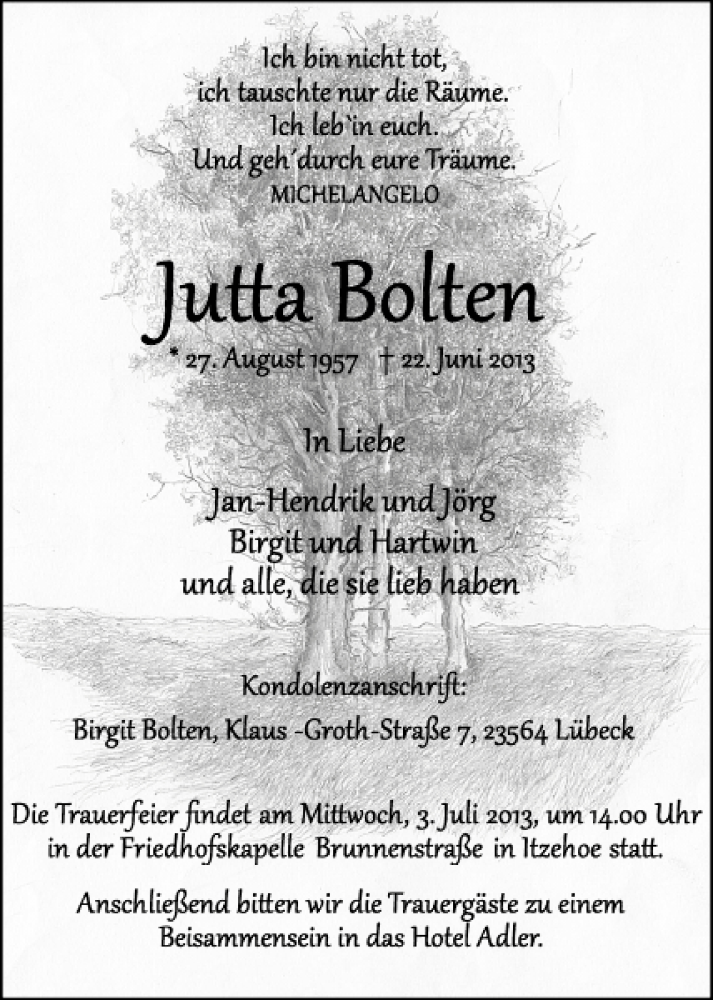  Traueranzeige für Jutta Bolten vom 29.06.2013 aus Norddeutsche Rundschau