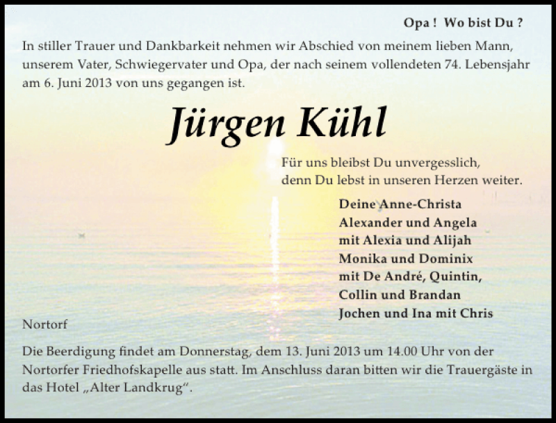  Traueranzeige für Jürgen Kühl vom 08.06.2013 aus Landeszeitung