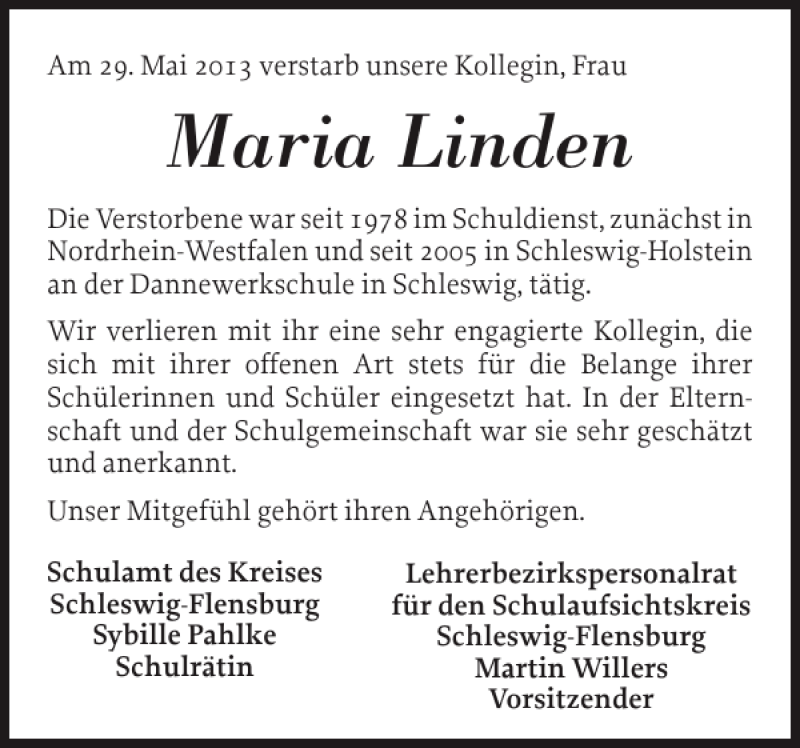  Traueranzeige für Maria Linden vom 06.06.2013 aus Schleswiger Nachrichten