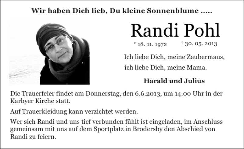  Traueranzeige für Randi Pohl vom 03.06.2013 aus Schleswiger Nachrichten