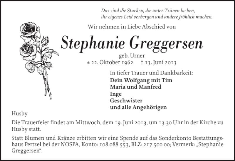  Traueranzeige für Stephanie Greggersen vom 17.06.2013 aus Flensburger Tageblatt