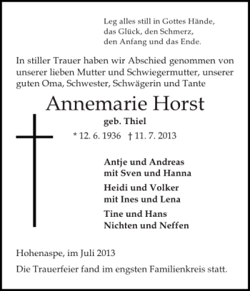 Traueranzeige von Annemarie Horst von Norddeutsche Rundschau