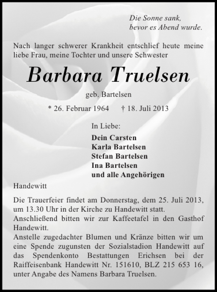  Traueranzeige für Barbara Truelsen vom 22.07.2013 aus Flensburger Tageblatt