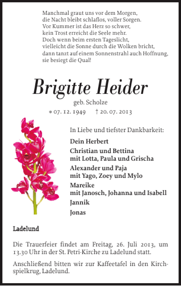  Traueranzeige für Brigitte Heider vom 24.07.2013 aus Nordfriesland Tageblatt