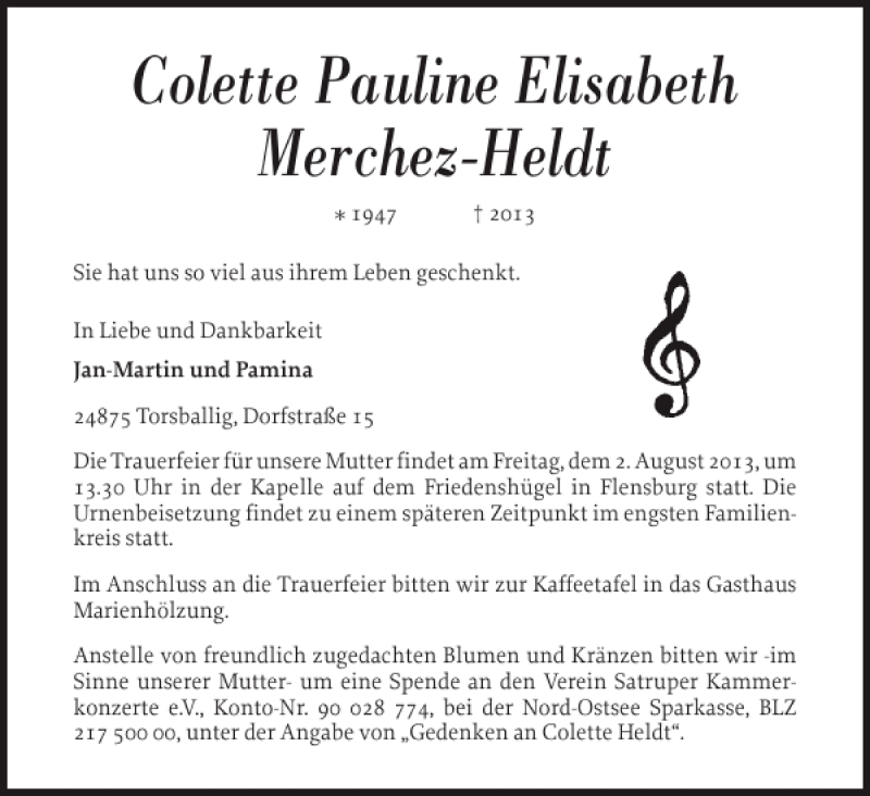  Traueranzeige für Colette Pauline Elisabeth Merchez-Heldt vom 30.07.2013 aus Flensburger Tageblatt