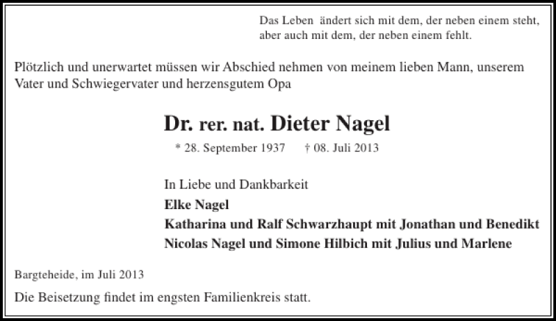  Traueranzeige für Dr. Dieter Nagel vom 13.07.2013 aus Stormarner Tageblatt