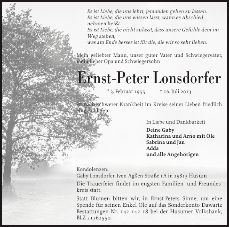  Traueranzeige für Ernst-Peter Lonsdorfer vom 20.07.2013 aus Husumer Nachrichten