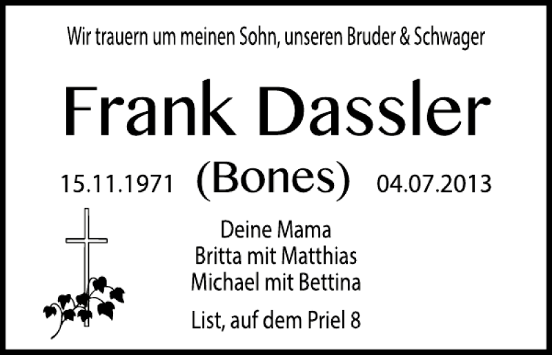  Traueranzeige für Frank Dassler vom 10.07.2013 aus Sylter Rundschau