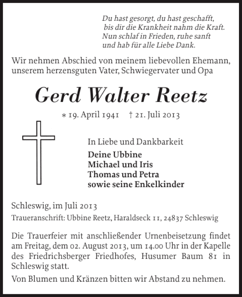  Traueranzeige für Gerd Walter Reetz vom 24.07.2013 aus Schleswiger Nachrichten