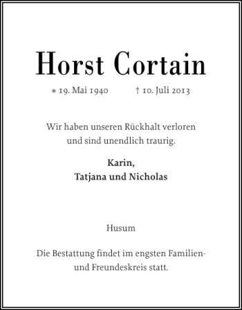 Traueranzeige von Horst Cortain von Husumer Nachrichten
